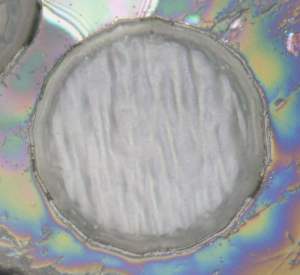 Image of a small (less than 80 microns wide) ablation pit through a microscope